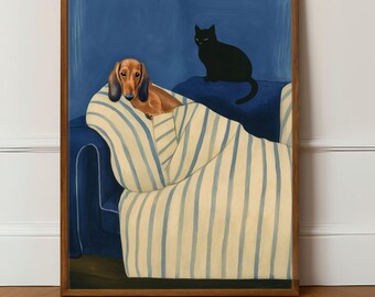 May include: A framed art print depicts a dachshund dog and a black cat on a blue sofa. The dog is under a striped blanket. The artwork has a blue background and a wooden frame.