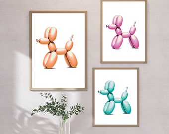 May include: Three framed prints of balloon animal sculptures. The prints are in a modern style and feature a pink, orange, and blue balloon dog.