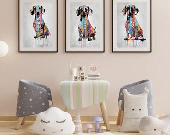 Conjunto de impresiones artísticas de grafitis de perros salchicha: Collage colorido de perros salchicha (descarga digital)