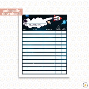 May include: A reading log with a space theme. The top of the page features an astronaut, a rocket, and planets against a starry background. The words "READING LOG" are displayed above the columns for date, title, author, start & stop times, and number of pages.