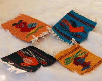 Handwoven Textile Art - Fabric Coasters - Birds Set of 4