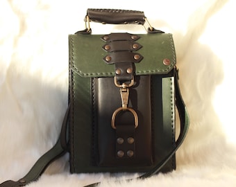 Handgemaakte lederen tas - vintage groen/zwarte crossbody