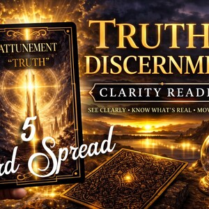 May include: An image advertising a 5-card spread tarot reading for clarity and discernment. The image shows a hand holding a tarot card with the word "Truth" and a bright, golden light. The text reads "Truth & Discernment" and "Clarity Reading."