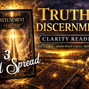 May include: A tarot card reading image with the words "Truth & Discernment" and "Clarity Reading." The image includes a hand holding a card with the word "Truth" and the number "3" with a card spread.