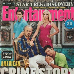 May include: Entertainment Weekly magazine cover featuring the cast of American Crime Story: The Assassination of Gianni Versace. The cover includes actors in various outfits, with the title "American Crime Story" prominently displayed.