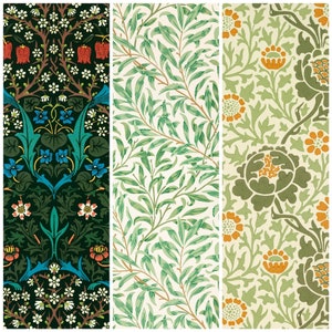 May include: Three different floral patterns in green, white, and orange. The first pattern features a dark green background with white flowers and green leaves. The second pattern features a white background with green leaves. The third pattern features a light green background with orange flowers and green leaves.