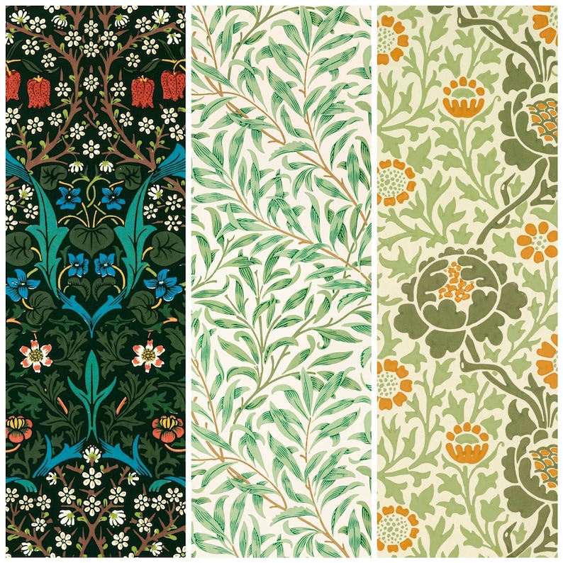 May include: Three different floral patterns in green, white, and orange. The first pattern features a dark green background with white flowers and green leaves. The second pattern features a white background with green leaves. The third pattern features a light green background with orange flowers and green leaves.