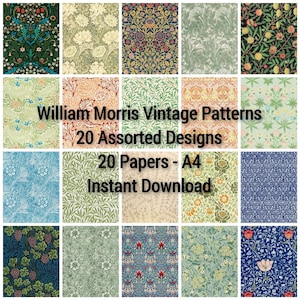 Digital Vintage Patterns, William Morris Vintage Patterns, 20 Assorted Designs, 20 Digital Papers, A4, Printable Paper, Wrapping Paper