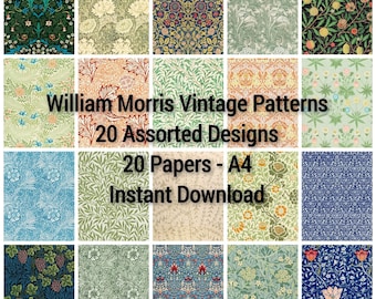 Modelli vintage digitali, William Morris Vintage Patterns, 20 disegni assortiti, 20 carte digitali, A4, carta stampabile, carta da imballaggio