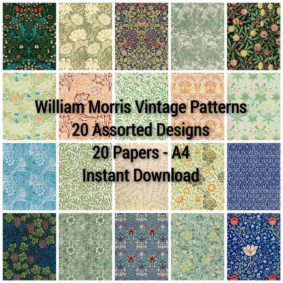 Digital Vintage Patterns, William Morris Vintage Patterns, 20 Assorted Designs, 20 Digital Papers, A4, Printable Paper, Wrapping Paper