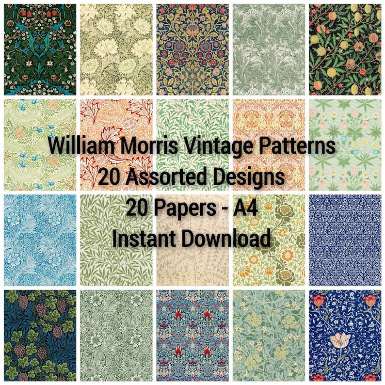 May include: A collage of 20 different William Morris vintage patterns, each in a unique color scheme and design. The patterns are arranged in a grid, with the text "William Morris Vintage Patterns 20 Assorted Designs 20 Papers - A4 Instant Download" at the center.