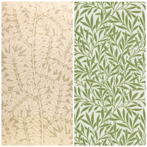 May include: Two seamless patterns featuring stylized green leaves on a white background. The pattern on the left has a beige background and the leaves are white. The pattern on the right has a white background and the leaves are green.