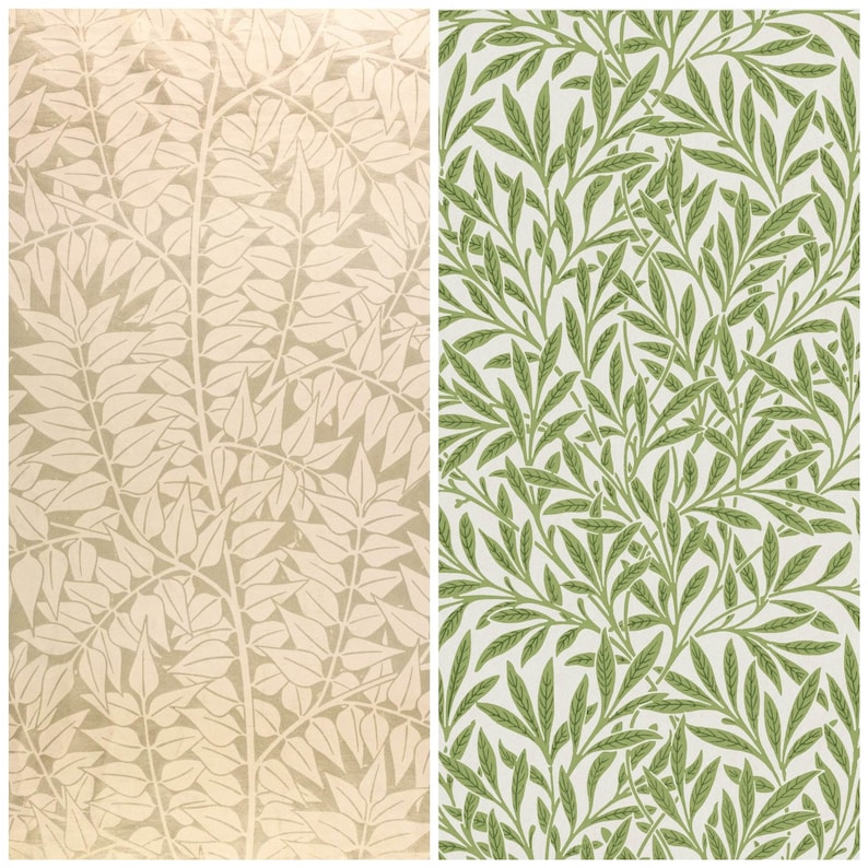 May include: Two seamless patterns featuring stylized green leaves on a white background. The pattern on the left has a beige background and the leaves are white. The pattern on the right has a white background and the leaves are green.