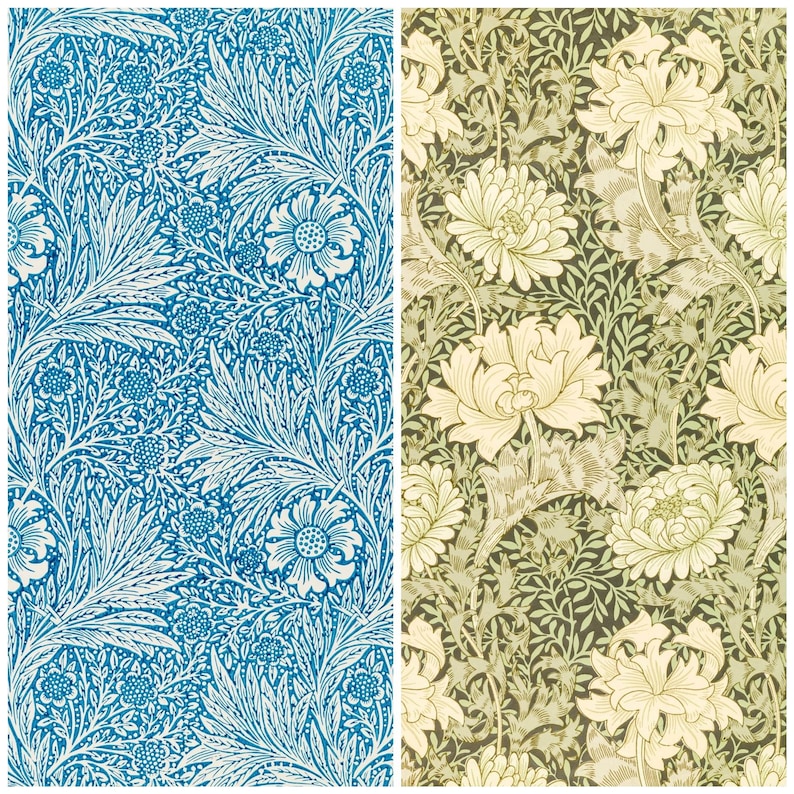 May include: Two floral patterns, one in blue and white, the other in green and white. Both patterns feature stylized flowers and leaves.