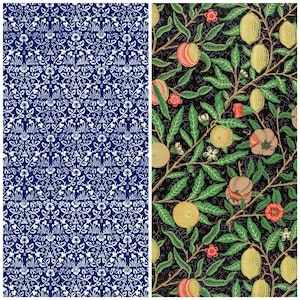 May include: Two different patterns of fabric featuring floral designs. The first pattern is a white floral design on a dark blue background. The second pattern is a colorful floral design on a black background.