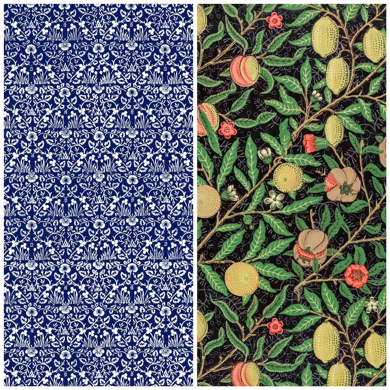 May include: Two different patterns of fabric featuring floral designs. The first pattern is a white floral design on a dark blue background. The second pattern is a colorful floral design on a black background.