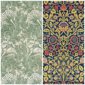 May include: Two different floral patterns. The first pattern is a green and white floral design on a cream background. The second pattern is a blue, yellow, red, and green floral design on a dark blue background.