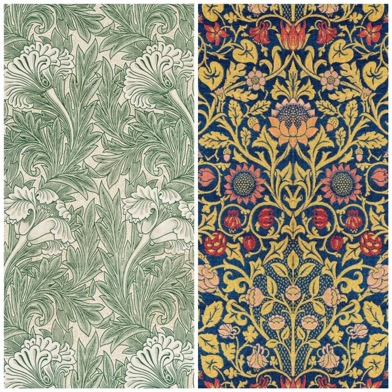 May include: Two different floral patterns. The first pattern is a green and white floral design on a cream background. The second pattern is a blue, yellow, red, and green floral design on a dark blue background.