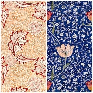 May include: Two different floral patterns, one in shades of orange and red on a white background, and the other in white on a blue background.