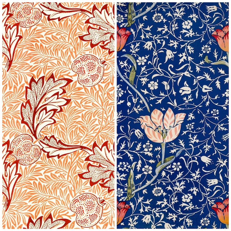 May include: Two different floral patterns, one in shades of orange and red on a white background, and the other in white on a blue background.