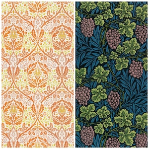 May include: Two vintage floral patterns, one with a repeating orange and yellow design, the other with a repeating green and blue design.