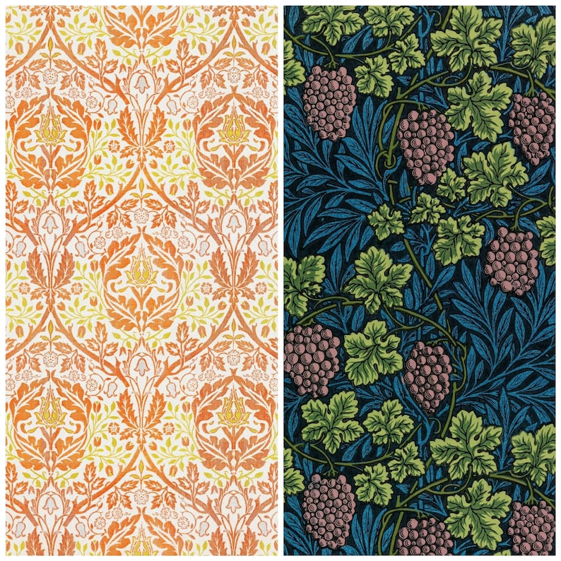 May include: Two vintage floral patterns, one with a repeating orange and yellow design, the other with a repeating green and blue design.