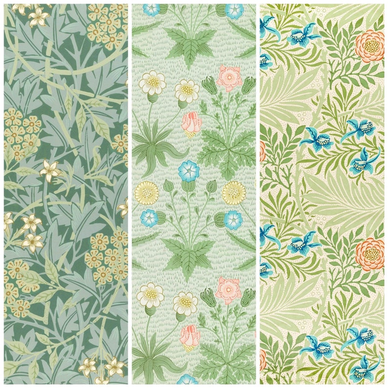 May include: Three vertical panels of repeating floral patterns. The left panel features a green background with yellow, white, and blue flowers. The center panel has a light green background with pink, white, blue, and yellow flowers. The right panel has a cream background with blue, green, and orange flowers.
