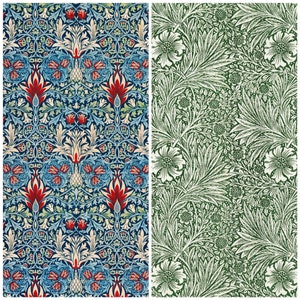 May include: Two different patterned fabric swatches. The left swatch features a repeating pattern of red, white, and blue stylized flowers on a dark blue background. The right swatch features a repeating pattern of white stylized flowers on a green background.