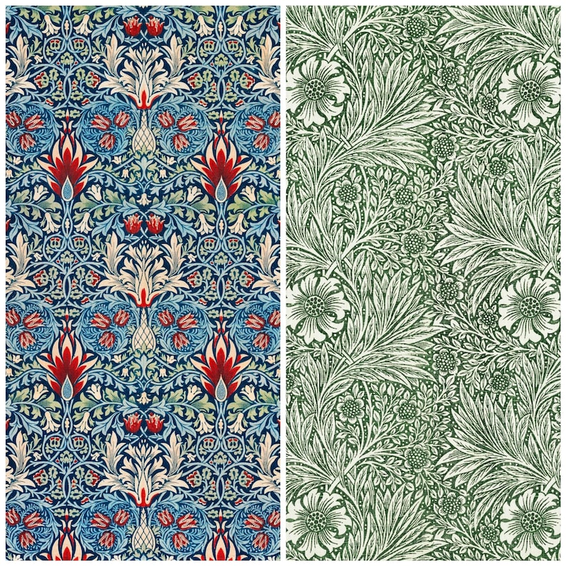 May include: Two different patterned fabric swatches. The left swatch features a repeating pattern of red, white, and blue stylized flowers on a dark blue background. The right swatch features a repeating pattern of white stylized flowers on a green background.