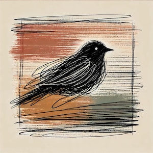 May include: A black bird with a white eye is perched on a branch. The background is a colorful abstract painting with shades of orange, brown, and green.