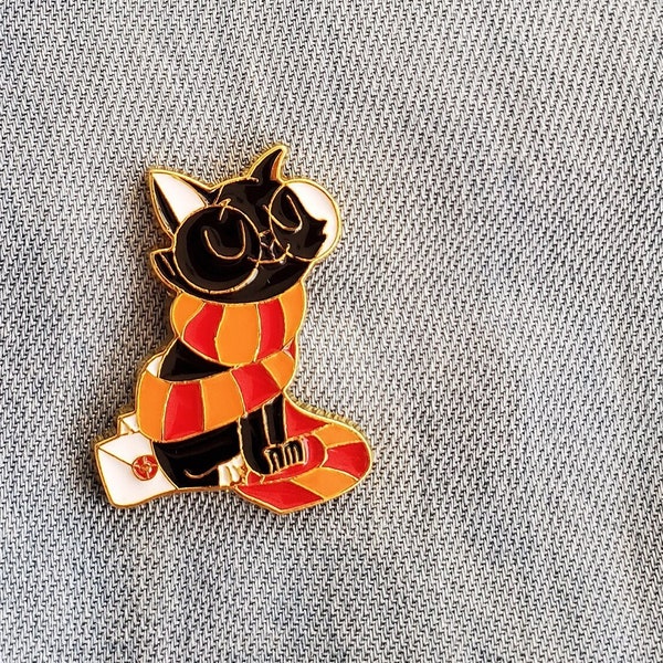 Tiny Sweet Black Cat with Glasses and Scarf Enamel Pin, Gryffindor Pin