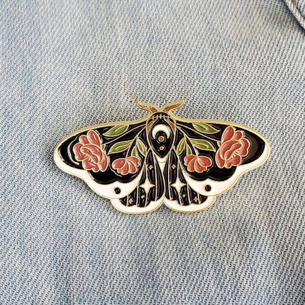 Large Moon Moth Enamel Pin, Gold Moth Pin, Rose Enamel Pin, Moon Pin, Moth Pin, Butterfly Pin, Black Moth Enamel Pin