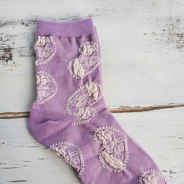 Purple and Cream Paisley Crew Socks, Cool Socks, Pretty Purple and Cream Socks, Quarter-Length Socks, Soft Socks, Pretty Socks, Cozy Socks