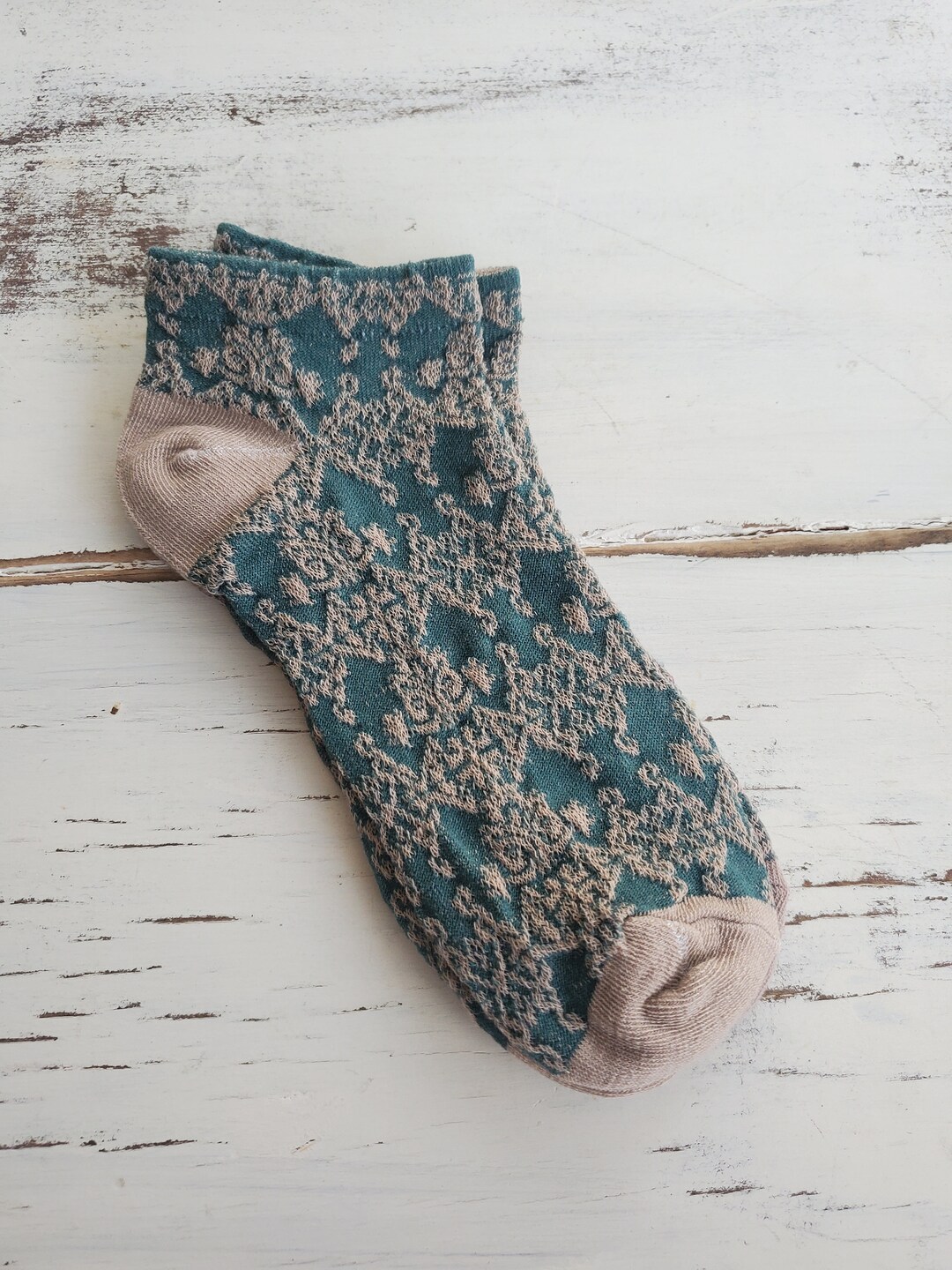 Green and Beige Filigree Vintage Style Socks, Women's Socks, Ankle ...