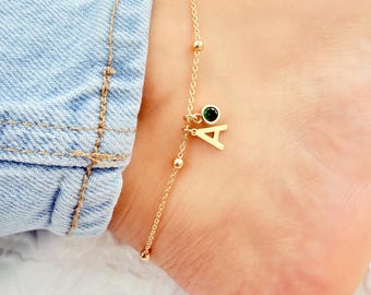 18K Gold Filled Beaded Anklet: Custom Initial & Birthstone Charm