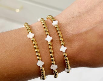 Gold Filled Clover Bracelet: Mother of Pearl Charm, Stacking Bracelet