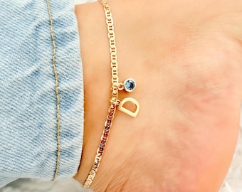Personalized 18K Gold Filled Anklet: Custom Initial & Birthstone