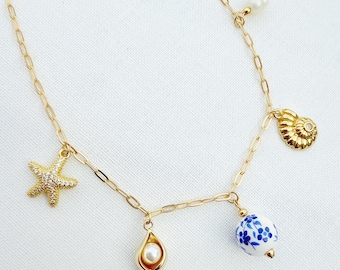 Gold Coastal Charm Necklace: Freshwater Pearl & Ceramic Bead