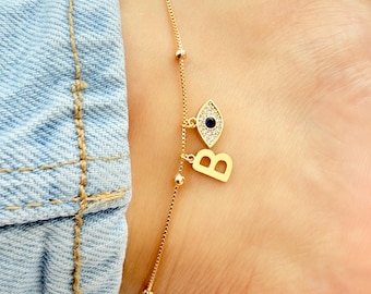 Personalized Gold Filled Evil Eye Anklet: Initial Charm, Protective Jewelry