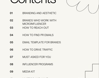 May include: A black and white graphic with the text "Table of Contents" and a list of 11 numbered items. The items include topics such as branding, microinfluencers, email templates, and content creation.
