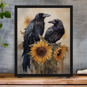 Raven gift for her Crow sunflower art print gift Digital corvus art decor Watercolor giclee crow art