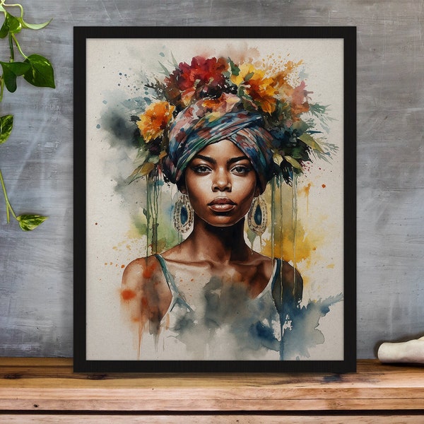 African Artwork Deco Elegant Portrait Art POC Wall Decor Majestic Flower Art Print Instant Watercolor Digital Download