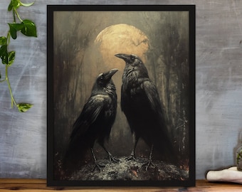 Full moon crow gift for him Corvus art decor Raven giclee gift for her Digital crow physical art