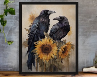 Raven gift for her Crow sunflower art print gift Digital corvus art decor Watercolor giclee crow art