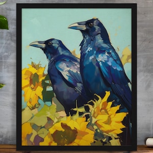 Sonnenblume Krähe Geschenk für sie Moody Raven Wand Kunst Corvus Kunst Dekor Rabe druckbares Geschenk für ihn