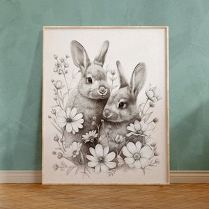 Rabbit graphite gift for him Hare wall art gift for her Graphite bunny art print instant digital download