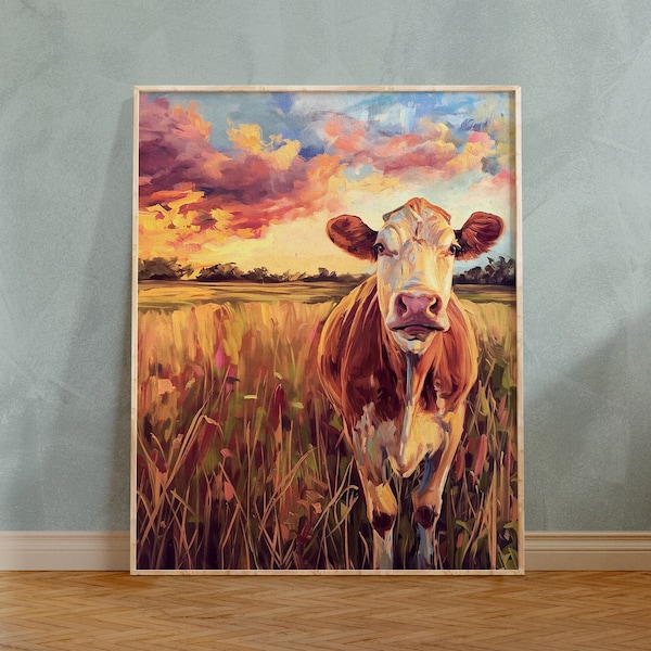 Printable cow oil wall decor gift for him Digital cow wedding gift Cow lover art print gift Instant cow wall art