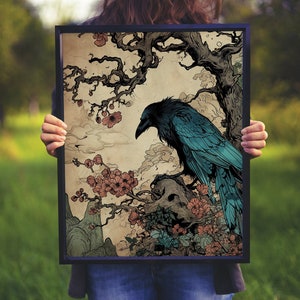 Crow gift for her Moody Raven Wall Art Corvus art decor Raven printable gift for her Crow instant digital art
