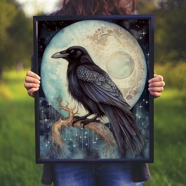 Full moon crow art decor gift for her Corvus art decor for him Raven printable gift for him Crow wedding gift