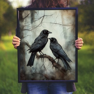 Printable Raven Art Print Gift Foggy Crow Art Decor Moody Raven Wall Art Instant Digital Raven Download